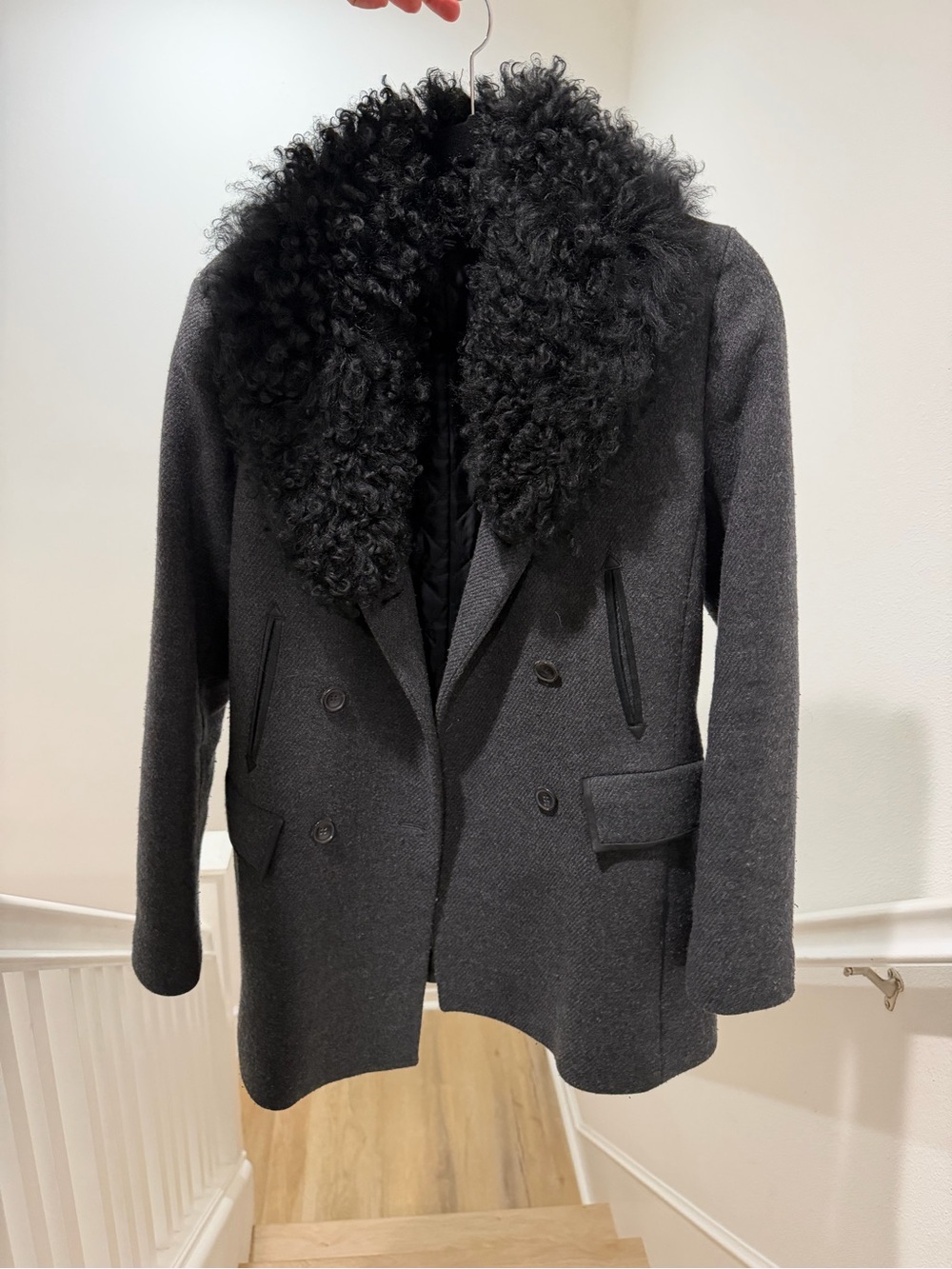 Theory Black Double-Breasted Pea Coat with Curly Fur Collar